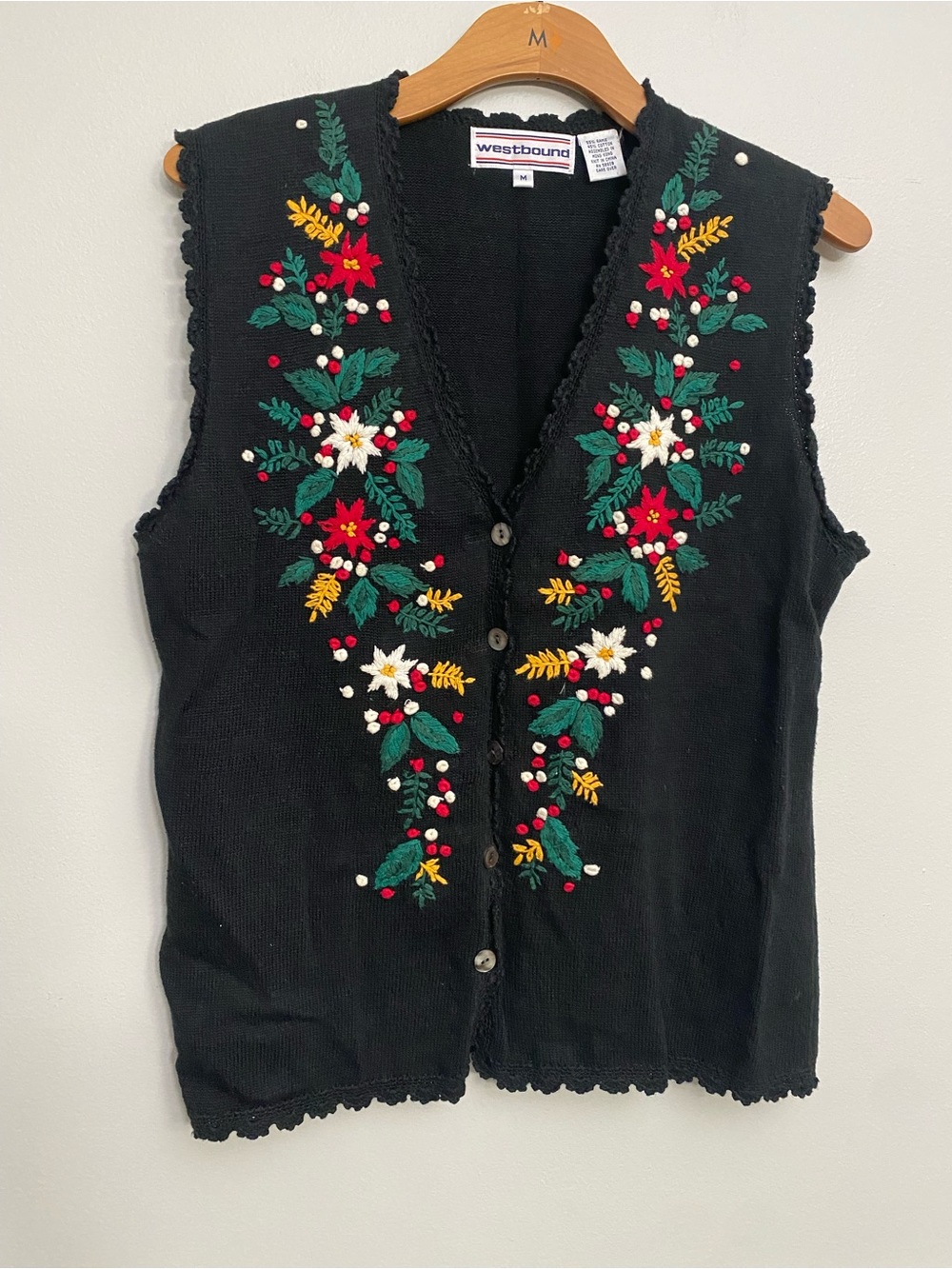 Vintage Knit Embroidered Christmas Holiday Sweater Vest - M